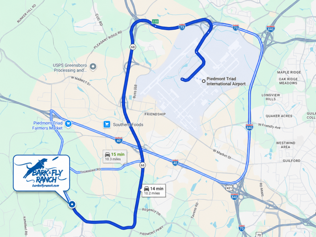 Map of Bark & Fly to Piedmont Triad International Airport in Greensboro, NC.
